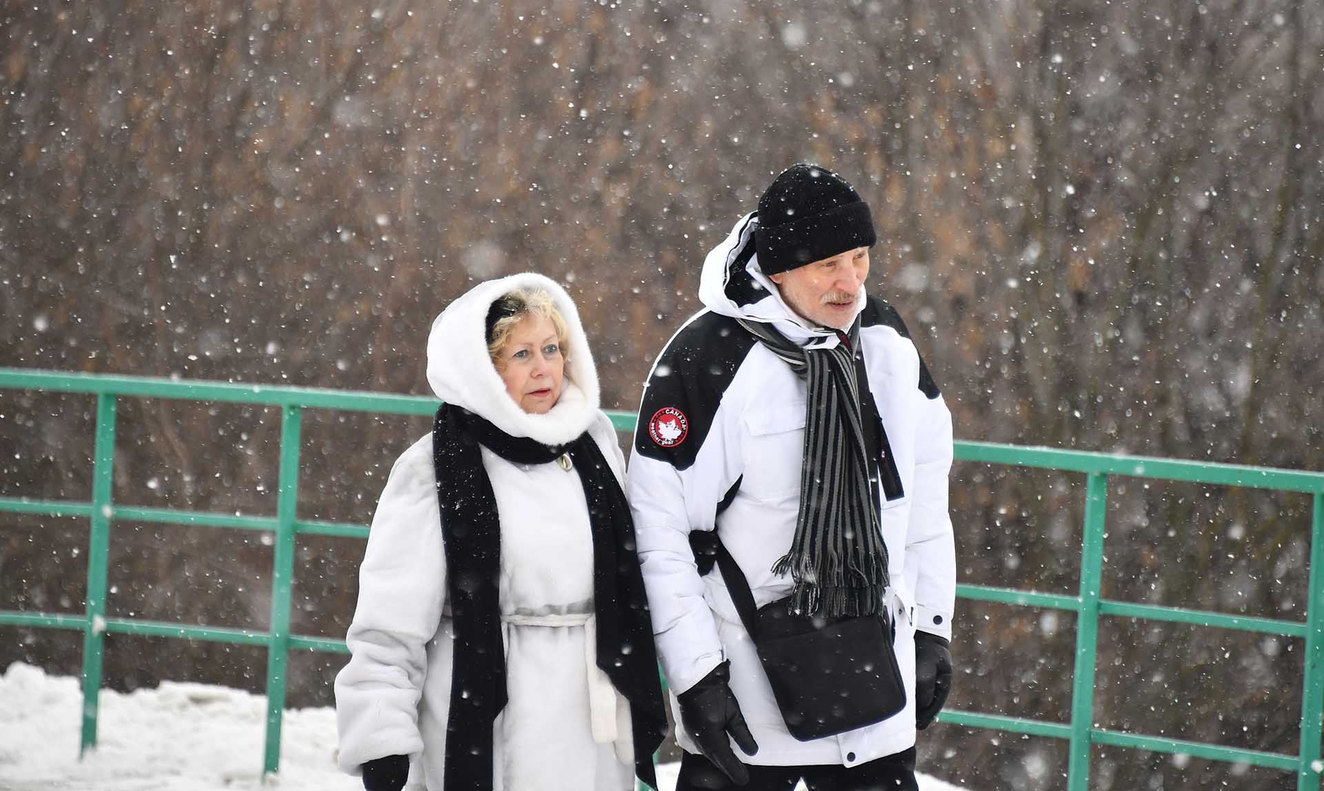 Пожилая пара в снежном парке