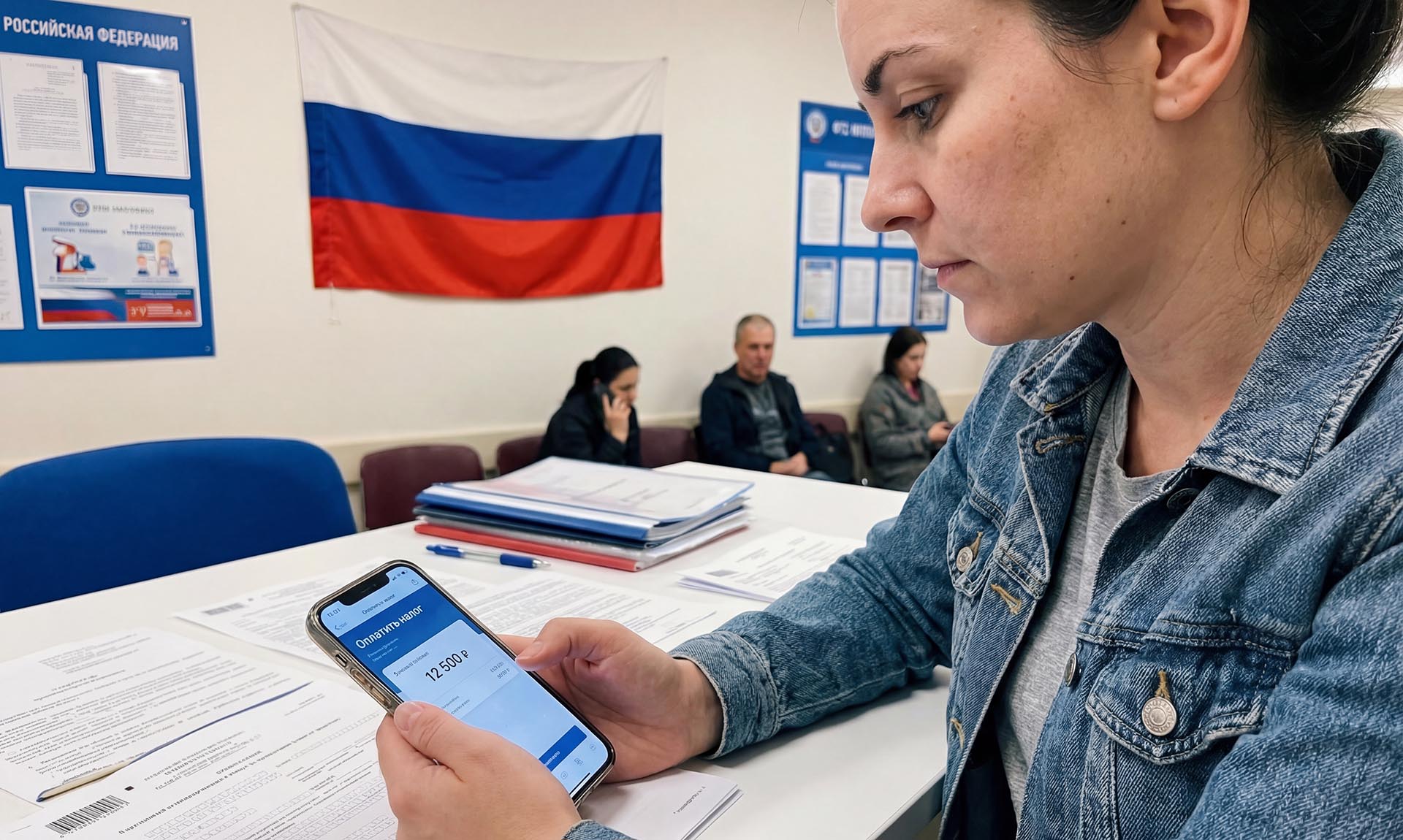 Пользователь с смартфоном во время оплаты налогов