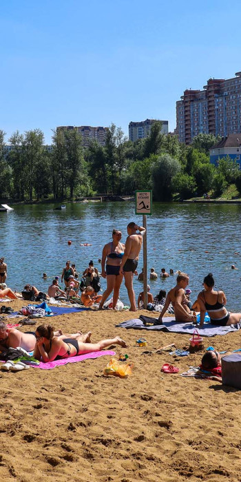 Отдыхающие на пляже пруда