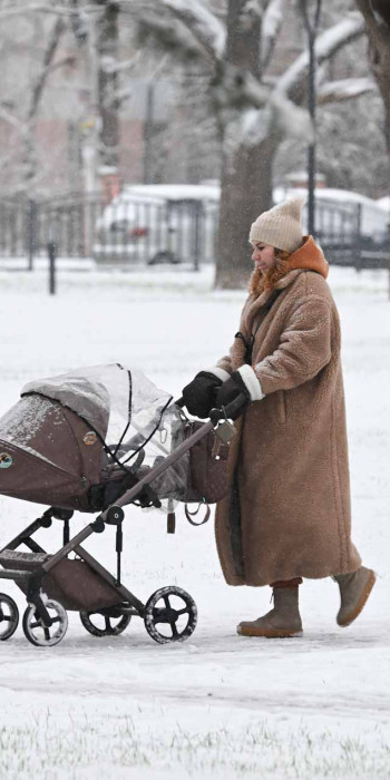 Женщина с коляской в парке
