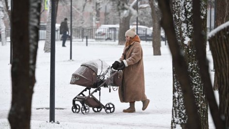 Женщина с коляской в парке