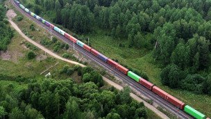 Товарный поезд дальнего следования перевозит контейнеры 