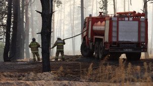 Сотрудники МЧС во время тушения природного пожара 