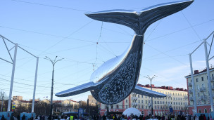 Надувной кит на площади Пять углов в центре Мурманска