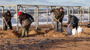 Волонтеры во время сбора мазута 