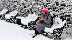 Женщина с телефоном сидит на скамейке в парке 