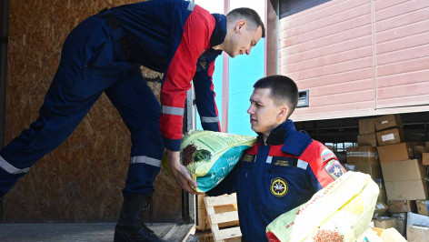 волонтеры во время погрузки гуманитарной помощи