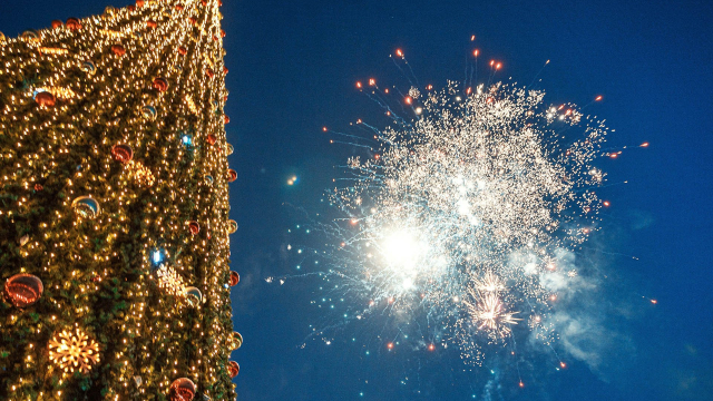 новогодняя елка и салют в небе