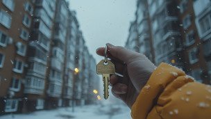 Ключ от квартиры на фоне жилых домов