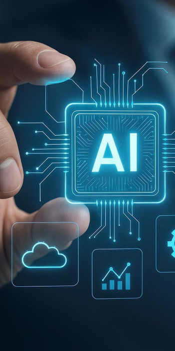 Голограмма с надписью AI у руки бизнесмена