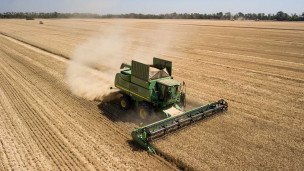 Комбайн движется по полю во время уборки урожая в Краснодарском крае