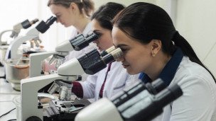 Несколько ученых студенток сидят в ряд и смотрят в микроскопы 