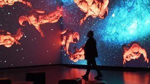 Посетитель выставки о космосе