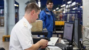 Сотрудник таможенной службы во время досмотра посылок