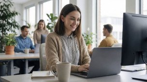 девушка в офисе за компьютером
