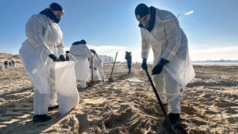 Уборка пляжей в Анапе после разлива мазута в Черном море