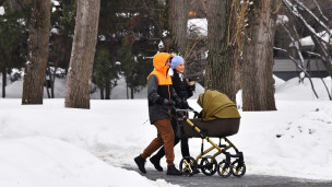 Семейная пара с детской коляской гуляет в парке