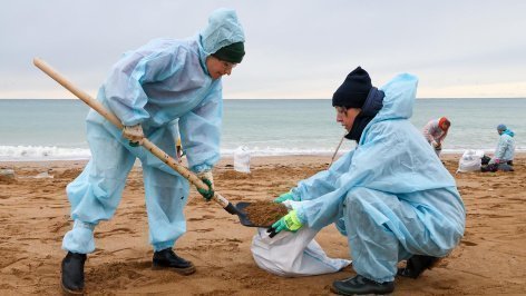Волонтеры во время уборки мазута