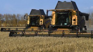 Уборочные сельскохозяйственные  комбайны на пшеничном поле