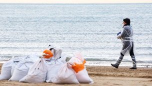 Волонтеры во время сбора разлитого мазута на пляже