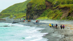 Туристы идут по берегу мыса Васина острова Уруп