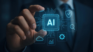  Голограмма с надписью AI у руки бизнесмена