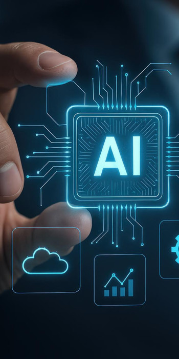  Голограмма с надписью AI у руки бизнесмена