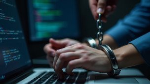 Арестованный преступник в наручниках печатает на компьютере
